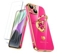 Nonional Compatible for iPhone 14 Case with 2 Pack Screen Protector, 360° Rotatable Ring Holder [Luxury Hearts Pattern] Plating Gold Edge Slim Soft Phone Cover Case for iPhone 14 - Hot Pink