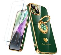 Nonional Compatible for iPhone 14 Case with 2 Pack Screen Protector, 360° Rotatable Ring Holder [Luxury Hearts Pattern] Plating Gold Edge Slim Soft Phone Cover Case for iPhone 14 - Green