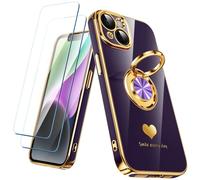 Nonional Compatible for iPhone 14 Case with 2 Pack Screen Protector, 360° Rotatable Ring Holder [Luxury Hearts Pattern] Plating Gold Edge Slim Soft Phone Cover Case for iPhone 14 - Purple