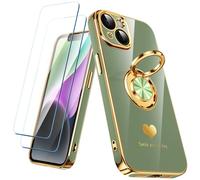 Nonional Compatible for iPhone 14 Case with 2 Pack Screen Protector, 360° Rotatable Ring Holder [Luxury Hearts Pattern] Plating Gold Edge Slim Soft Phone Cover Case for iPhone 14 - Light Green