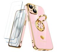 Nonional Compatible for iPhone 15 Case with 2 Pack Screen Protector, 360° Rotatable Ring Holder [Luxury Hearts Pattern] Plating Gold Edge Slim Soft Phone Cover Case for iPhone 15 - Girl Pink