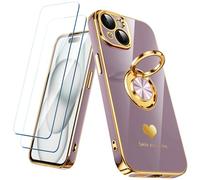 Nonional Compatible for iPhone 15 Case with 2 Pack Screen Protector, 360° Rotatable Ring Holder [Luxury Hearts Pattern] Plating Gold Edge Slim Soft Phone Cover Case for iPhone 15 - Light Purple