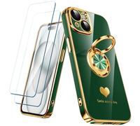 Nonional Compatible for iPhone 15 Case with 2 Pack Screen Protector, 360° Rotatable Ring Holder [Luxury Hearts Pattern] Plating Gold Edge Slim Soft Phone Cover Case for iPhone 15 - Green