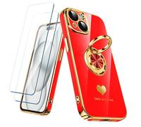 Nonional Compatible for iPhone 15 Case with 2 Pack Screen Protector, 360° Rotatable Ring Holder [Luxury Hearts Pattern] Plating Gold Edge Slim Soft Phone Cover Case for iPhone 15 - Red