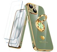 Nonional Compatible for iPhone 15 Case with 2 Pack Screen Protector, 360° Rotatable Ring Holder [Luxury Hearts Pattern] Plating Gold Edge Slim Soft Phone Cover Case for iPhone 15 - Light Green