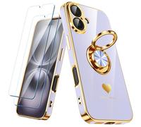 Nonional Compatible for iPhone 16 Case with 2 Pack Screen Protector, 360° Rotatable Ring Holder [Luxury Hearts Pattern] Plating Gold Edge Slim Soft Phone Cover Case for iPhone 16 - Lavender