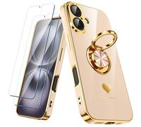 Nonional Compatible for iPhone 16 Case with 2 Pack Screen Protector, 360° Rotatable Ring Holder [Luxury Hearts Pattern] Plating Gold Edge Slim Soft Phone Cover Case for iPhone 16 - Pink