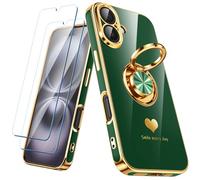 Nonional Compatible for iPhone 16 Case with 2 Pack Screen Protector, 360° Rotatable Ring Holder [Luxury Hearts Pattern] Plating Gold Edge Slim Soft Phone Cover Case for iPhone 16 - Green