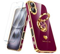 Nonional Compatible for iPhone 16 Case with 2 Pack Screen Protector, 360° Rotatable Ring Holder [Luxury Hearts Pattern] Plating Gold Edge Slim Soft Phone Cover Case for iPhone 16 - Wine Red