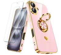 Nonional Compatible for iPhone 16 Case with 2 Pack Screen Protector, 360° Rotatable Ring Holder [Luxury Hearts Pattern] Plating Gold Edge Slim Soft Phone Cover Case for iPhone 16 - Girl Pink