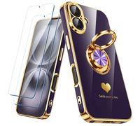 Nonional Compatible for iPhone 16 Case with 2 Pack Screen Protector, 360° Rotatable Ring Holder [Luxury Hearts Pattern] Plating Gold Edge Slim Soft Phone Cover Case for iPhone 16 - Purple