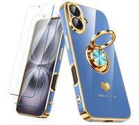 Nonional Compatible for iPhone 16 Case with 2 Pack Screen Protector, 360° Rotatable Ring Holder [Luxury Hearts Pattern] Plating Gold Edge Slim Soft Phone Cover Case for iPhone 16 - Lake Blue