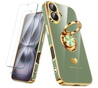 Nonional Compatible for iPhone 16 Case with 2 Pack Screen Protector, 360° Rotatable Ring Holder [Luxury Hearts Pattern] Plating Gold Edge Slim Soft Phone Cover Case for iPhone 16 - Light Green