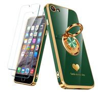 Nonional Compatible for iPhone 6 / 6s Case with 2 Pack Screen Protector, 360° Rotatable Ring Holder [Luxury Hearts Pattern] Plating Gold Edge Slim Soft Phone Case for iPhone 6 / 6s - Green
