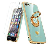 Nonional Compatible for iPhone 6 / 6s Case with 2 Pack Screen Protector, 360° Rotatable Ring Holder [Luxury Hearts Pattern] Plating Gold Edge Slim Soft Phone Case for iPhone 6 / 6s - Mint