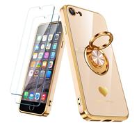 Nonional Compatible for iPhone 6 / 6s Case with 2 Pack Screen Protector, 360° Rotatable Ring Holder [Luxury Hearts Pattern] Plating Gold Edge Slim Soft Phone Case for iPhone 6 / 6s - Pink