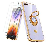 Nonional Compatible for iPhone SE/8/7 Case with 2 Pack Screen Protector, 360° Rotatable Ring Holder [Luxury Hearts Pattern] Plating Gold Edge Slim Soft Phone Case for iPhone SE/8/7 - Lavender