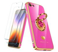 Nonional Compatible for iPhone SE/8/7 Case with 2 Pack Screen Protector, 360° Rotatable Ring Holder [Luxury Hearts Pattern] Plating Gold Edge Slim Soft Phone Case for iPhone SE/8/7 - Rose Pink