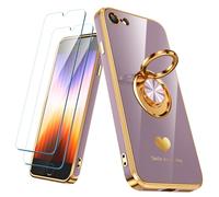 Nonional Compatible for iPhone SE/8/7 Case with 2 Pack Screen Protector, 360° Rotatable Ring Holder [Luxury Hearts Pattern] Plating Gold Edge Slim Soft Phone Case for iPhone SE/8/7 - Light Purple