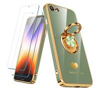 Nonional Compatible for iPhone SE/8/7 Case with 2 Pack Screen Protector, 360° Rotatable Ring Holder [Luxury Hearts Pattern] Plating Gold Edge Slim Soft Phone Case for iPhone SE/8/7 - Light Green