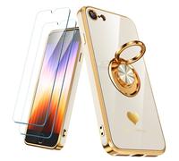 Nonional Compatible for iPhone SE/8/7 Case with 2 Pack Screen Protector, 360° Rotatable Ring Holder [Luxury Hearts Pattern] Plating Gold Edge Slim Soft Phone Case for iPhone SE/8/7 - White