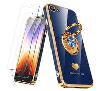 Nonional Compatible for iPhone SE/8/7 Case with 2 Pack Screen Protector, 360° Rotatable Ring Holder [Luxury Hearts Pattern] Plating Gold Edge Slim Soft Phone Case for iPhone SE/8/7 - Blue