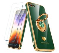 Nonional Compatible for iPhone SE/8/7 Case with 2 Pack Screen Protector, 360° Rotatable Ring Holder [Luxury Hearts Pattern] Plating Gold Edge Slim Soft Phone Case for iPhone SE/8/7 - Green