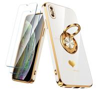 Nonional Compatible for iPhone X/XS Case with 2 Pack Screen Protector, 360° Rotatable Ring Holder [Luxury Hearts Pattern] Plating Gold Edge Slim Soft Phone Case for iPhone X/XS - White