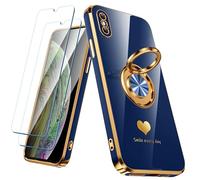 Nonional Compatible for iPhone X/XS Case with 2 Pack Screen Protector, 360° Rotatable Ring Holder [Luxury Hearts Pattern] Plating Gold Edge Slim Soft Phone Case for iPhone X/XS - Blue