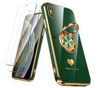 Nonional Compatible for iPhone X/XS Case with 2 Pack Screen Protector, 360° Rotatable Ring Holder [Luxury Hearts Pattern] Plating Gold Edge Slim Soft Phone Case for iPhone X/XS - Green