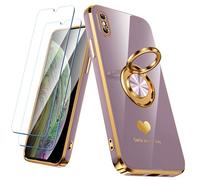 Nonional Compatible for iPhone X/XS Case with 2 Pack Screen Protector, 360° Rotatable Ring Holder [Luxury Hearts Pattern] Plating Gold Edge Slim Soft Phone Case for iPhone X/XS - Light Purple