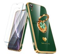 Nonional Compatible for iPhone XR Case with 2 Pack Screen Protector, 360° Rotatable Ring Holder [Luxury Hearts Pattern] Plating Gold Edge Slim Soft Phone Cover Case for iPhone XR - Green