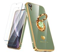Nonional Compatible for iPhone XR Case with 2 Pack Screen Protector, 360° Rotatable Ring Holder [Luxury Hearts Pattern] Plating Gold Edge Slim Soft Phone Cover Case for iPhone XR - Light Green