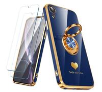 Nonional Compatible for iPhone XR Case with 2 Pack Screen Protector, 360° Rotatable Ring Holder [Luxury Hearts Pattern] Plating Gold Edge Slim Soft Phone Cover Case for iPhone XR - Blue