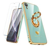Nonional Compatible for iPhone XR Case with 2 Pack Screen Protector, 360° Rotatable Ring Holder [Luxury Hearts Pattern] Plating Gold Edge Slim Soft Phone Cover Case for iPhone XR - Mint