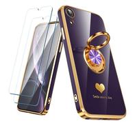 Nonional Compatible for iPhone XR Case with 2 Pack Screen Protector, 360° Rotatable Ring Holder [Luxury Hearts Pattern] Plating Gold Edge Slim Soft Phone Cover Case for iPhone XR - Purple