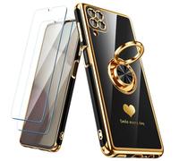 Nonional for Samsung Galaxy A12 Case with 2 Pack Screen Protector, 360° Rotatable Ring Holder [Luxury Hearts Pattern] Plating Gold Edge Slim Soft Phone Cover Case for Galaxy A12 - Black