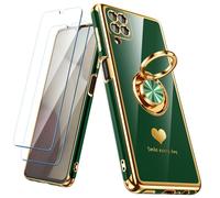 Nonional for Samsung Galaxy A12 Case with 2 Pack Screen Protector, 360° Rotatable Ring Holder [Luxury Hearts Pattern] Plating Gold Edge Slim Soft Phone Cover Case for Galaxy A12 - Green