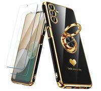 Nonional for Samsung Galaxy A13 5G/A04S Case with 2 Pack Screen Protector, 360° Rotatable Ring Holder [Luxury Hearts Pattern] Plating Gold Edge Slim Soft Phone Cover Case for Galaxy A13 - Black