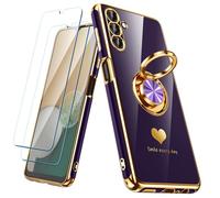 Nonional for Samsung Galaxy A13 5G/A04S Case with 2 Pack Screen Protector, 360° Rotatable Ring Holder [Luxury Hearts Pattern] Plating Gold Edge Slim Soft Phone Cover Case for Galaxy A13 - Purple