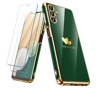 Nonional for Samsung Galaxy A13 5G/A04S Case with 2 Pack Screen Protector, Luxury Double Heart Pattern Plating Gold Edge Slim Soft Phone Cover Case for Galaxy A13 - Green