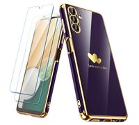 Nonional for Samsung Galaxy A13 5G/A04S Case with 2 Pack Screen Protector, Luxury Double Heart Pattern Plating Gold Edge Slim Soft Phone Cover Case for Galaxy A13 - Purple