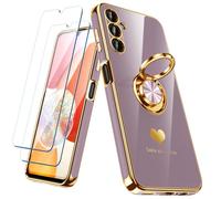 Nonional for Samsung Galaxy A14 5G/4G Case with 2 Pack Screen Protector, 360° Rotatable Ring Holder [Luxury Hearts Pattern] Plating Gold Edge Slim Soft Phone Cover Case for Galaxy A14 - LightPurple