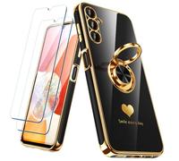 Nonional for Samsung Galaxy A14 5G/4G Case with 2 Pack Screen Protector, 360° Rotatable Ring Holder [Luxury Hearts Pattern] Plating Gold Edge Slim Soft Phone Cover Case for Galaxy A14 - Black