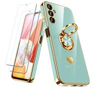 Nonional for Samsung Galaxy A14 5G/4G Case with 2 Pack Screen Protector, 360° Rotatable Ring Holder [Luxury Hearts Pattern] Plating Gold Edge Slim Soft Phone Cover Case for Galaxy A14 - Mint