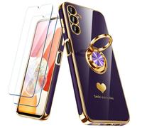 Nonional for Samsung Galaxy A14 5G/4G Case with 2 Pack Screen Protector, 360° Rotatable Ring Holder [Luxury Hearts Pattern] Plating Gold Edge Slim Soft Phone Cover Case for Galaxy A14 - Purple