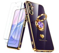 Nonional for Samsung Galaxy A15 5G/4G Case with 2 Pack Screen Protector, 360° Rotatable Ring Holder [Luxury Hearts Pattern] Plating Gold Edge Slim Soft Phone Cover Case for Galaxy A15 - Purple