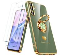 Nonional for Samsung Galaxy A15 5G/4G Case with 2 Pack Screen Protector, 360° Rotatable Ring Holder [Luxury Hearts Pattern] Plating Gold Edge Slim Soft Phone Cover Case for Galaxy A15 - LightGreen