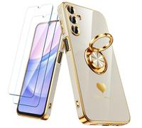 Nonional for Samsung Galaxy A15 5G/4G Case with 2 Pack Screen Protector, 360° Rotatable Ring Holder [Luxury Hearts Pattern] Plating Gold Edge Slim Soft Phone Cover Case for Galaxy A15 - White