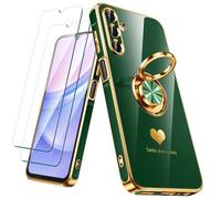 Nonional for Samsung Galaxy A15 5G/4G Case with 2 Pack Screen Protector, 360° Rotatable Ring Holder [Luxury Hearts Pattern] Plating Gold Edge Slim Soft Phone Cover Case for Galaxy A15 - Green